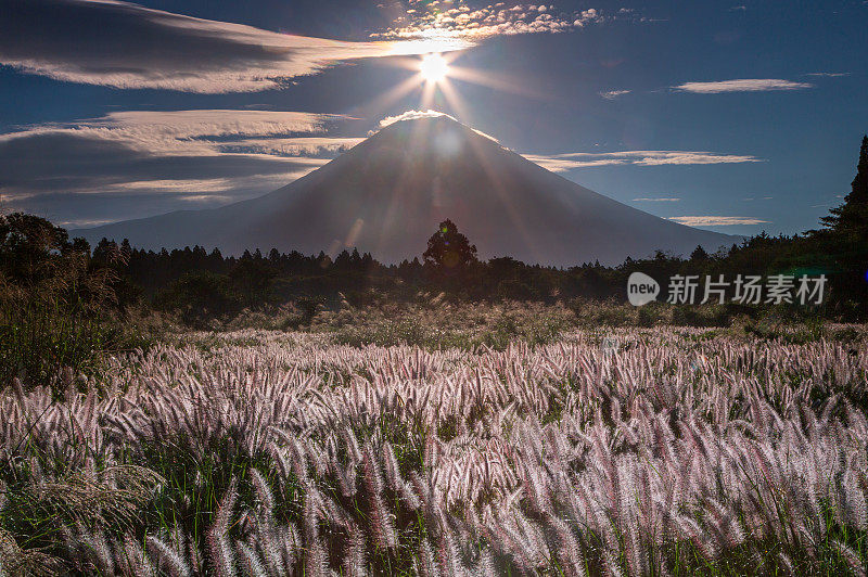 从富士宫市到富士山的晨曦中闪耀的延时摄影