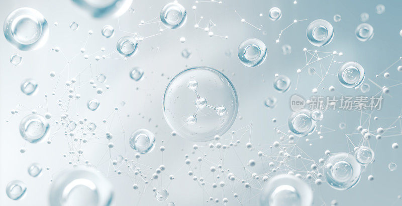 化妆品保湿水分子，化妆品精华，液体气泡，液体气泡内的分子在水的背景，3d渲染