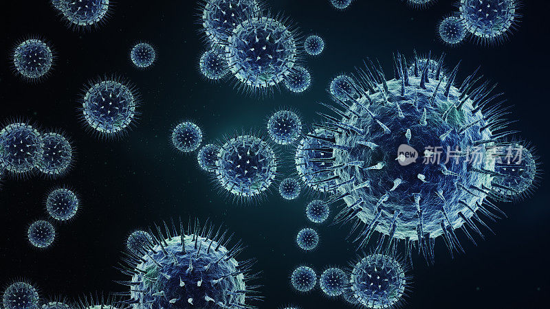 病毒冠状病毒Covid-19拷贝空间蓝绿色库存照片