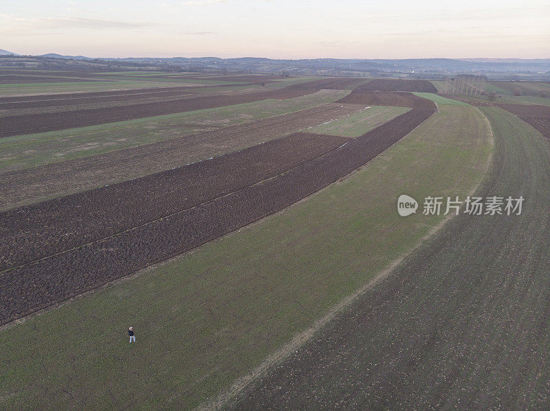 一个成年的农民在他的农场里在早春的时候耕种田地。鸟瞰图。