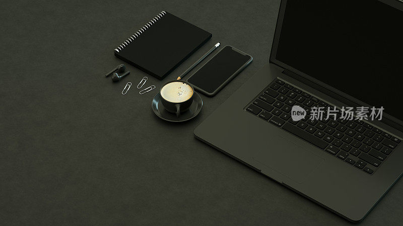 黑屏笔记本电脑和智能手机在黑色背景