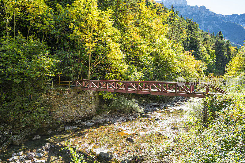 秋天的奥扎森林风景如画的Sil桥在山谷的事实