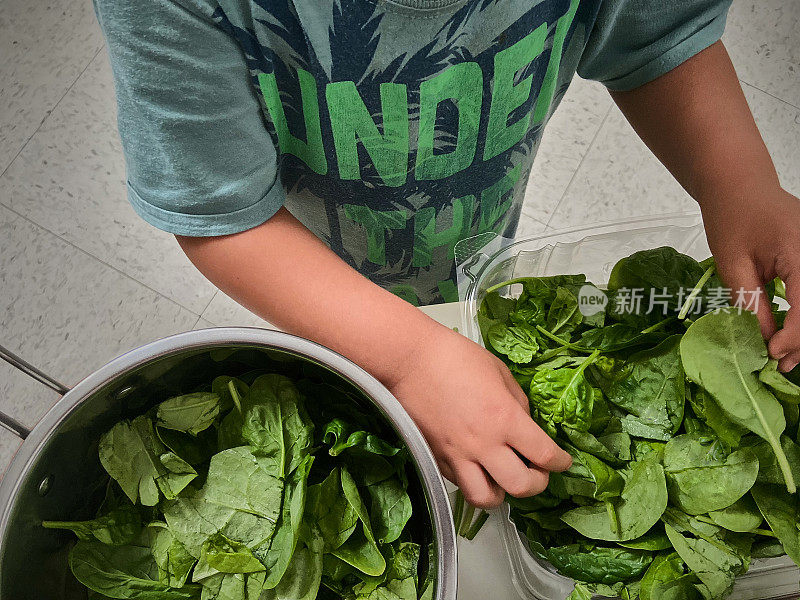 小孩准备菠菜沙拉