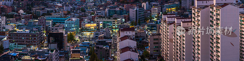 空中全景，高楼大厦，拥挤的城市景观，灯火通明的街道首尔