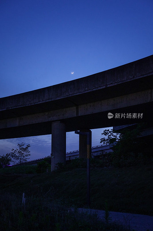 黄昏时桥上的城市栅栏