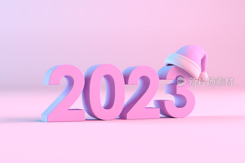 2023年新年，圣诞帽，霓虹灯