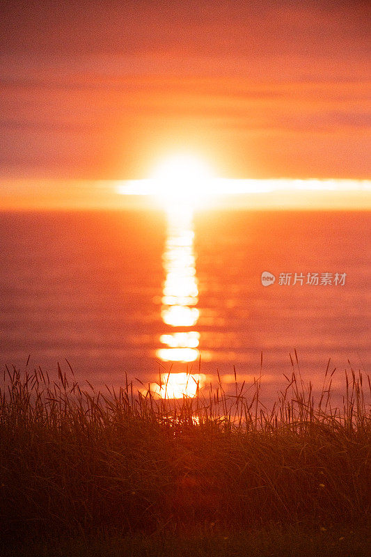 夏天午夜日落在海洋与草地前景北冰岛