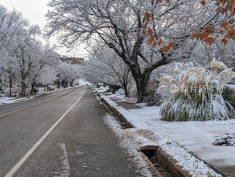 犹他州洛克维尔的主街在小雪后