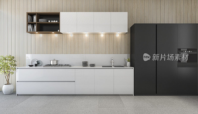 3d渲染现代厨房柜台与白色和黑色设计