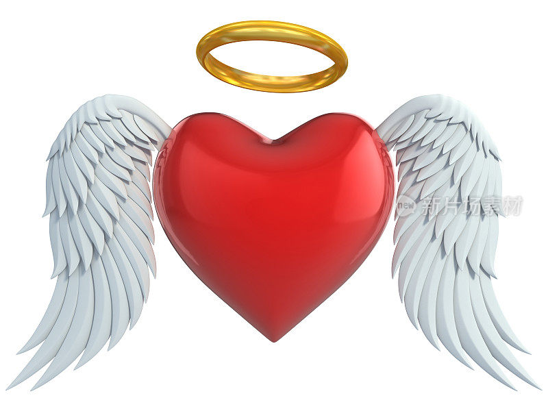 天使的心与翅膀和金色光环3d插图