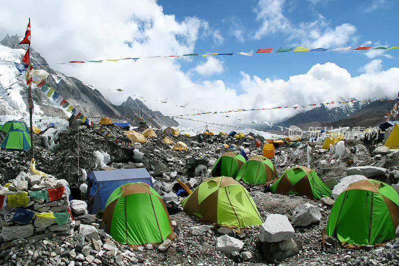 尼泊尔珠穆朗玛峰地区珠峰大本营的彩色帐篷