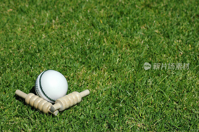 白色板球和球躺在草地上
