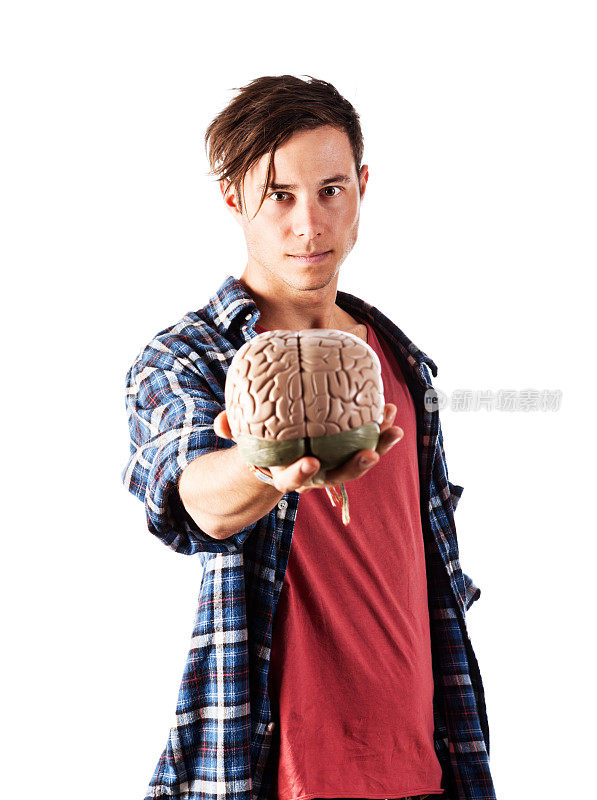 一个严肃的年轻人提供了人类大脑的解剖模型