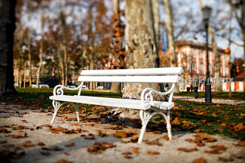 城市公园长椅，倾斜移位图像