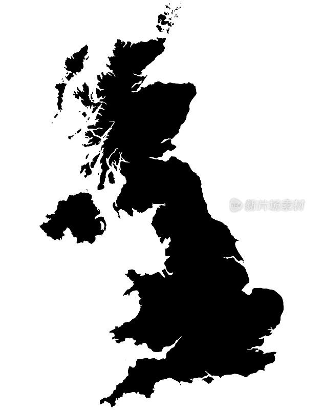 英国地图Silhoette轮廓边界上的白色背景