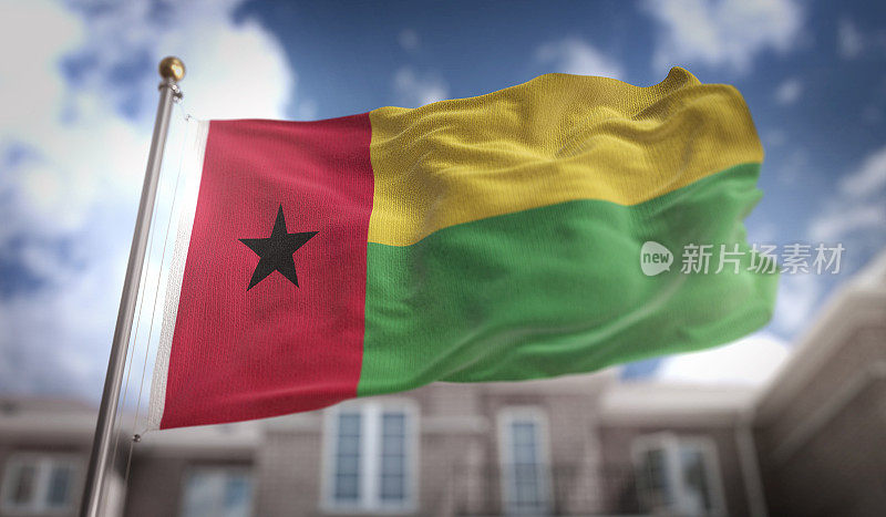 几内亚比绍国旗3D渲染蓝天建筑背景