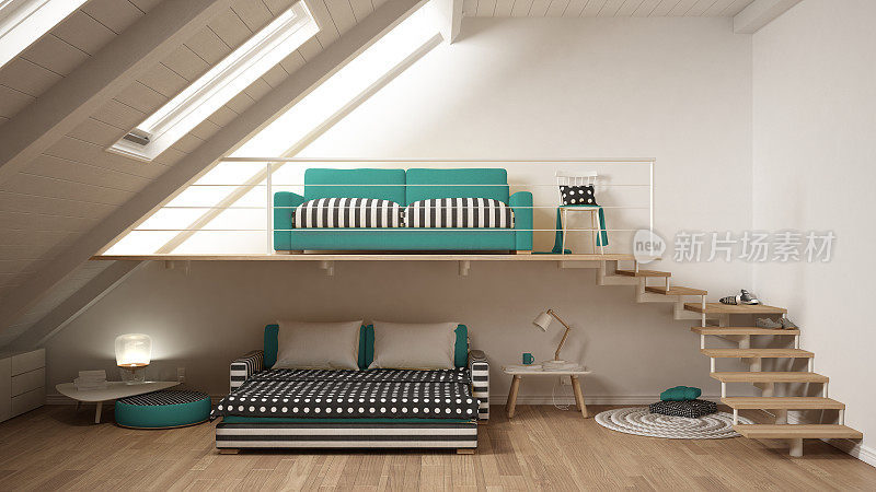 阁楼夹层一室极简主义的客厅和卧室，白色和蓝绿色斯堪的纳维亚室内设计