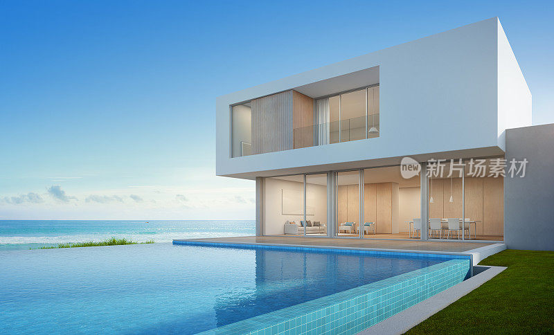 现代设计的豪华海滨别墅，海景游泳池，大家庭度假之家