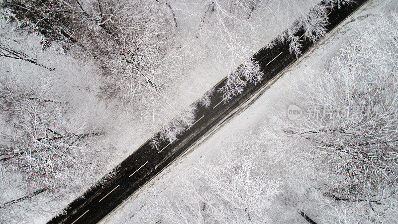 穿越冬季森林的道路-鸟瞰图