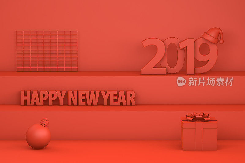 楼梯上戴着圣诞帽的2019年新年