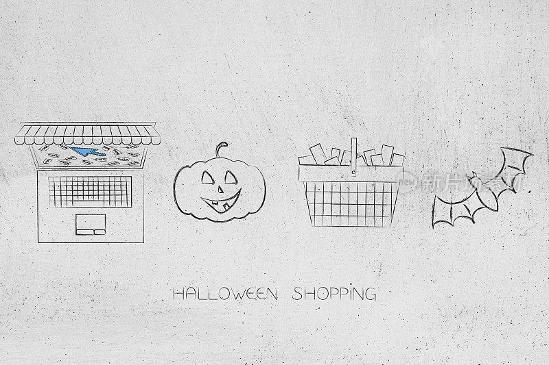 万圣节购物笔记本电脑和购物车与幽灵南瓜和蝙蝠图标