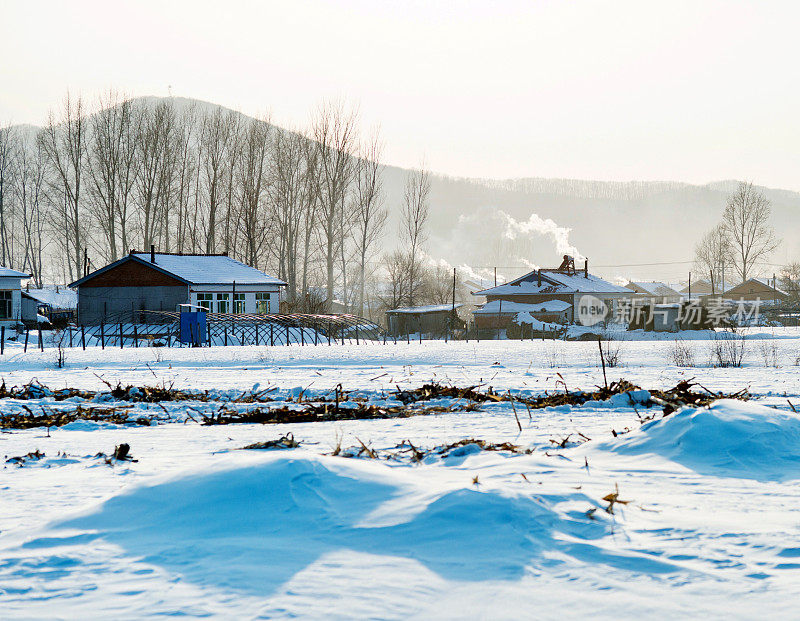 冬天，雪覆盖着房子和草堆