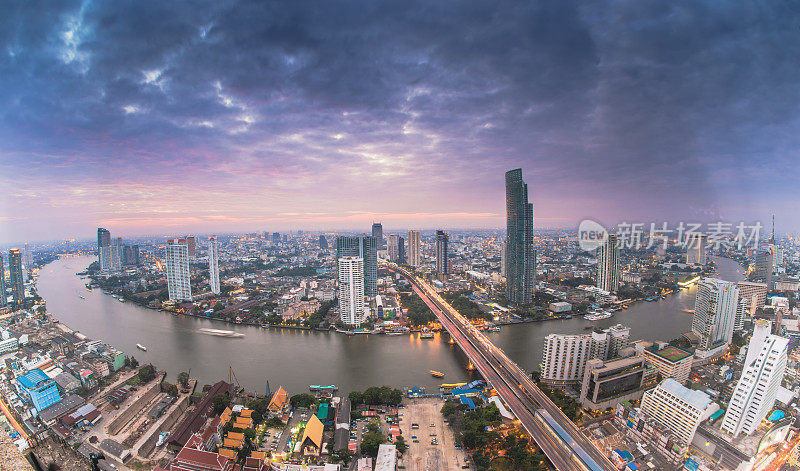 全景城市景观商业区(silom，沙顿，曼谷，曼谷，泰国黄昏