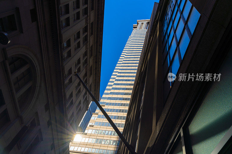 蓝天映衬下的企业建筑。低角度向上看照片。