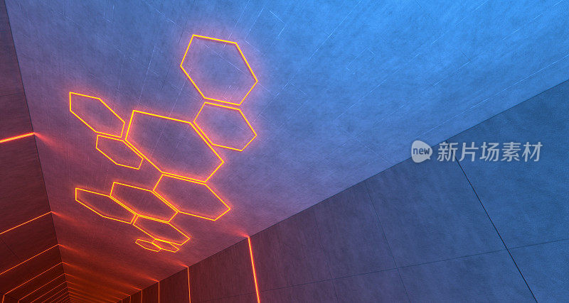 六边形霓虹灯照明的抽象走廊