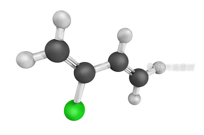氯丁橡胶的三维结构，无色液体，是用于生产聚合物氯丁橡胶的单体，一种合成橡胶。