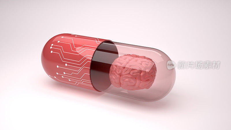 聪明的药物的时代的技术与大脑的概念。