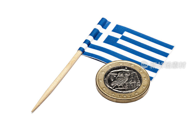 希腊国旗和欧元硬币