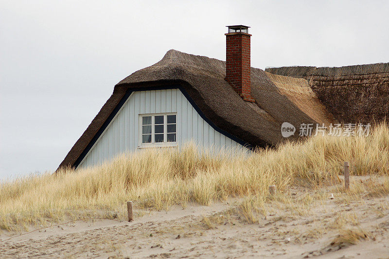 海滩上芦苇屋顶的茅草屋