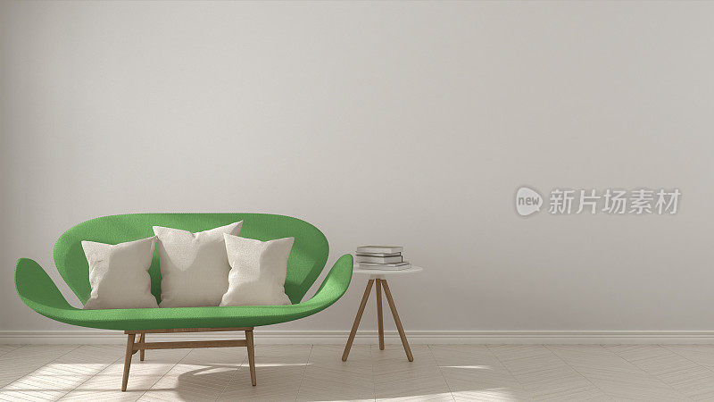 斯堪的纳维亚简约主义背景，人字形天然拼花地板上的绿色沙发，室内设计