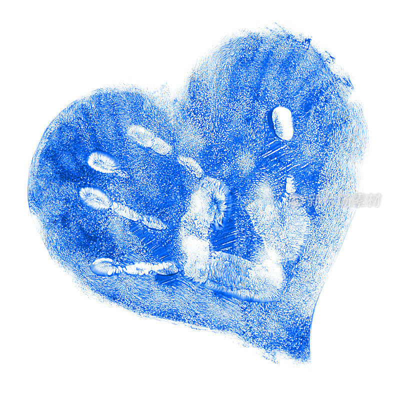 在一颗蓝色心脏内的手印(在白色上隔离)