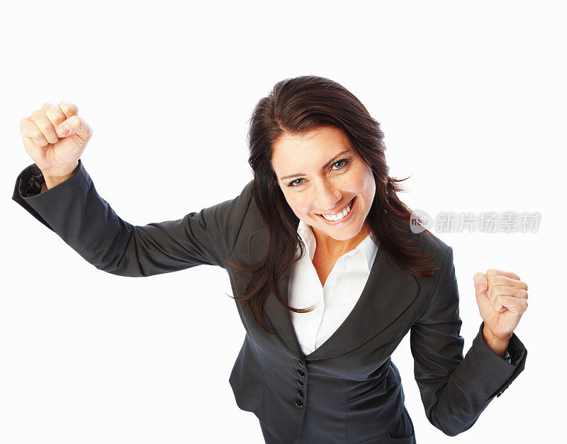 成功的商界女性双手高举在白色背景上