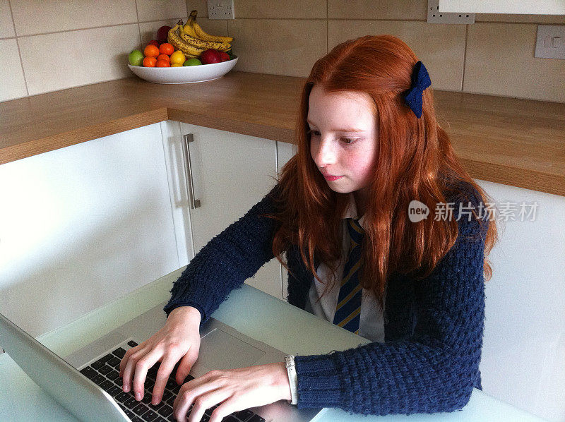一个女孩在笔记本电脑上做作业
