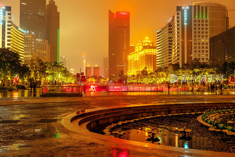 广州办公大楼，喷泉，夜景，中国