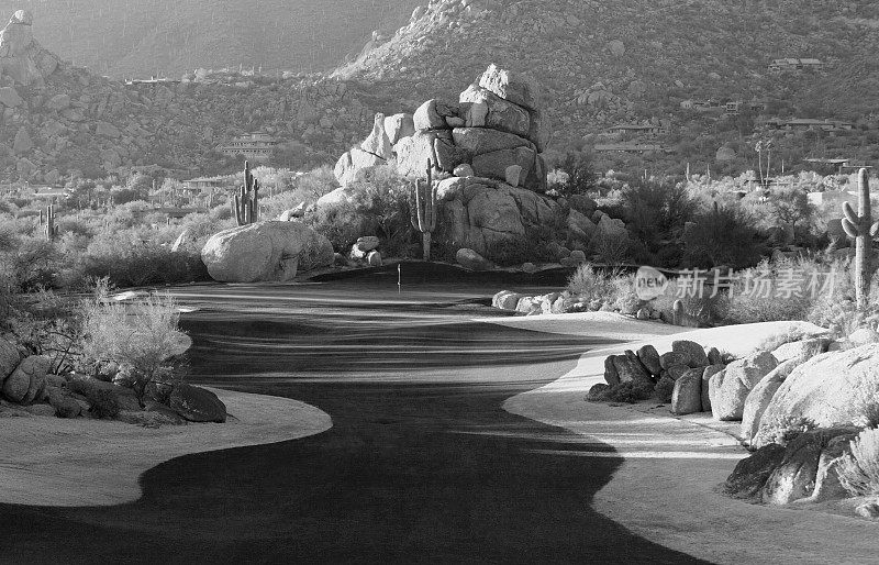 沙漠高尔夫球场的黑白图像