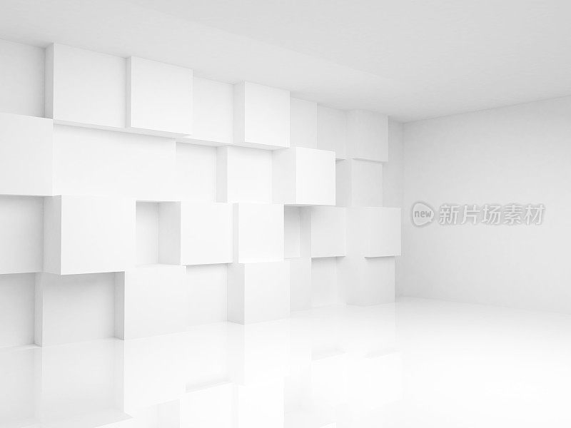 抽象的空3d室内与白色立方体在墙上