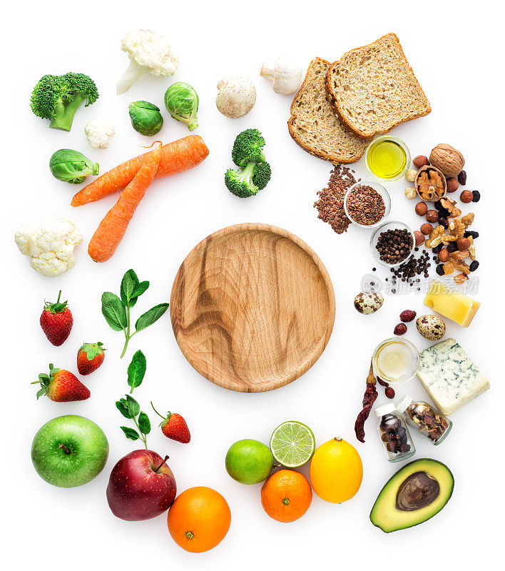 健康饮食，蔬菜，水果，空木盘