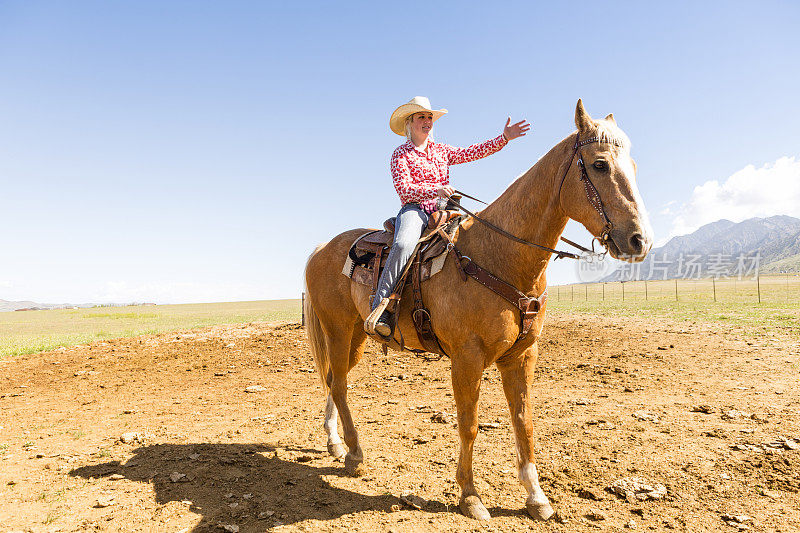 美国犹他州盐湖城圣塔昆山谷的金发女牛仔和马