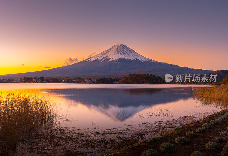 从川口湖眺望富士山的秋景