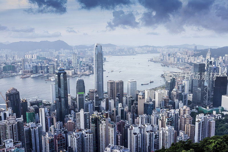 香港的城市天际线是在黄昏时分。