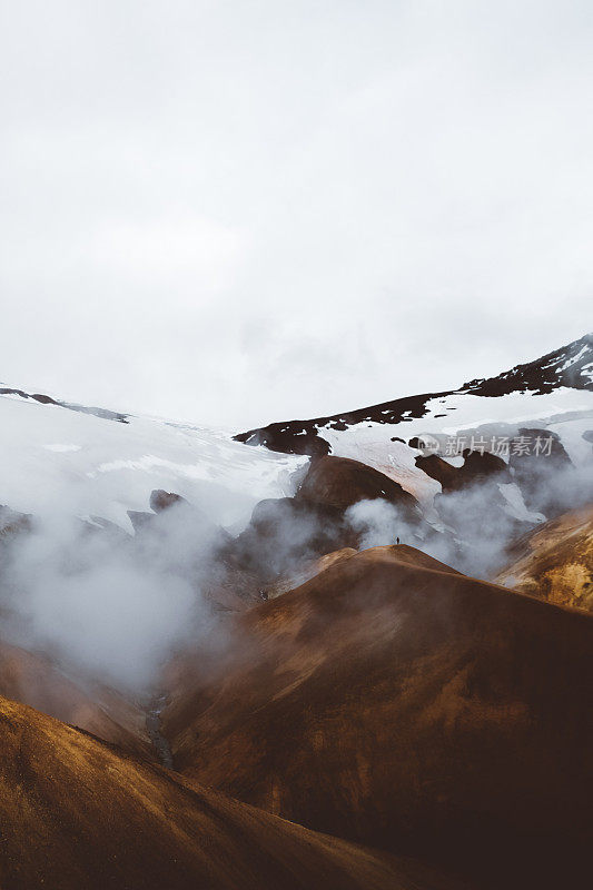 冰岛Kerlingarfjöll火山山顶的徒步旅行者