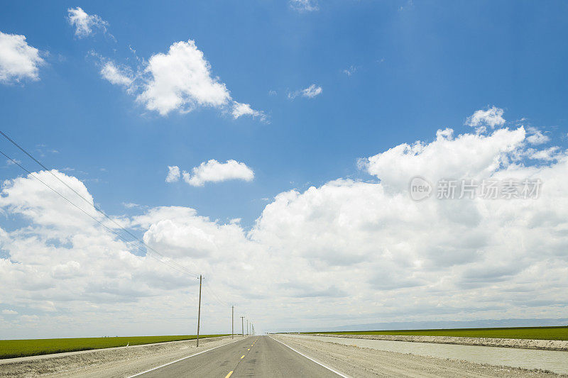 农业道路和运河与蓝天在加利福尼亚