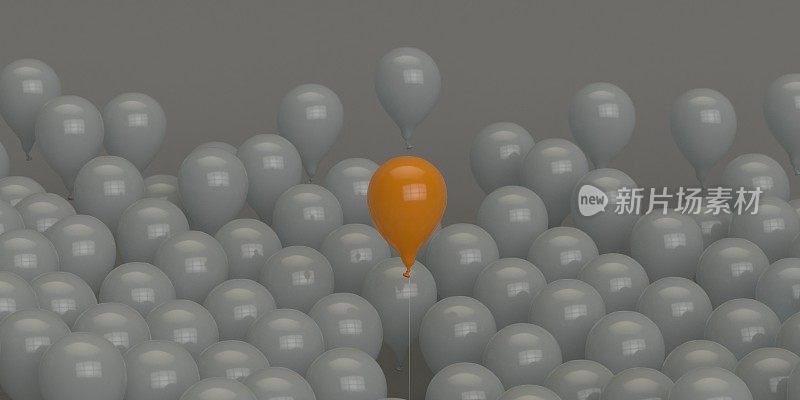 3D渲染橙色气球走出人群