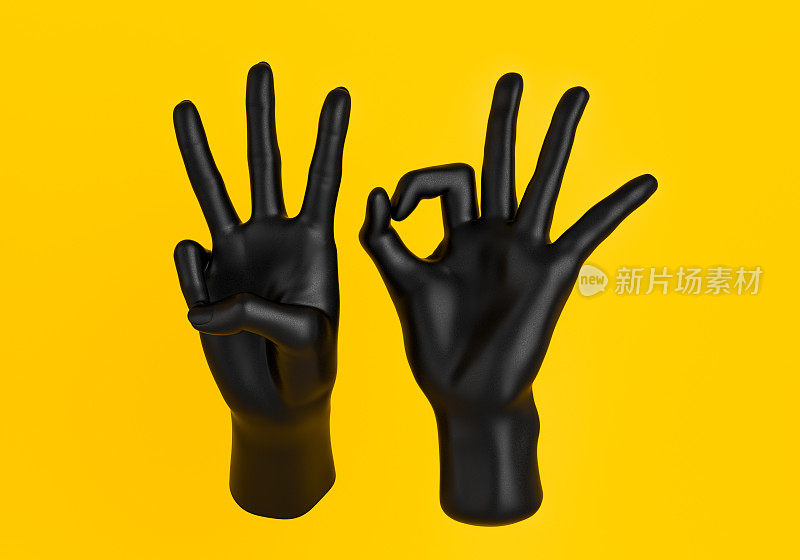 30个黑手手指的手势孤立在黄色，3d渲染