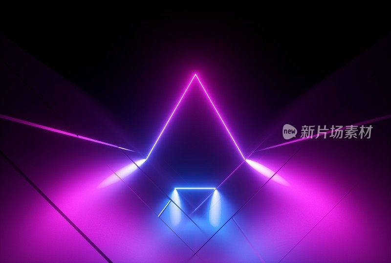 3d渲染，粉红蓝色霓虹灯抽象背景与发光三角形，紫外线，激光显示，墙壁反射，三角形形状
