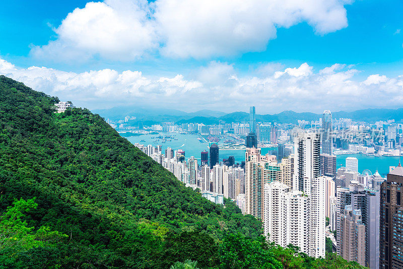 香港日出摩天大楼拥挤的城市景观和海港全景中国